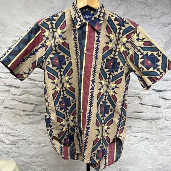 Vintage 80s POLO Ralph Lauren Womens Loop Collar Camp Shirt Southwest Aztec - Picture 1 of 6